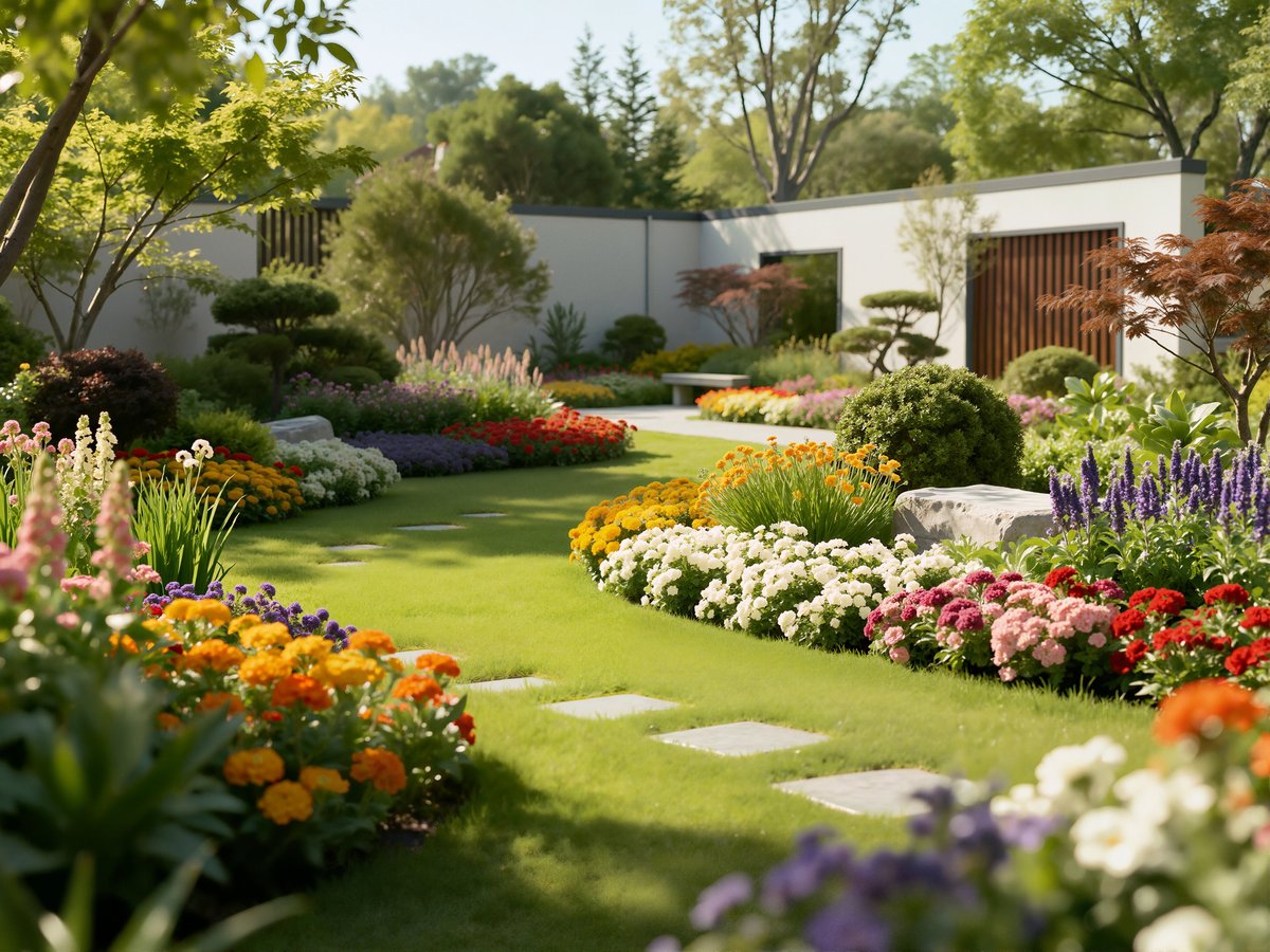 Contemporary garden with flowering beds